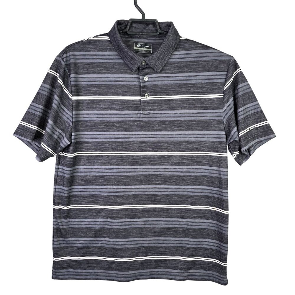 Mens Ben Hogan Gray & White Striped Polo Shirt Short Sleeve Polyester Size L